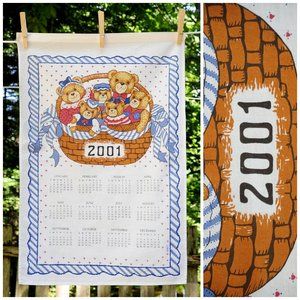 Vintage 2001 Patriotic Basket of Stuffed Bears Calendar Tea Towel Bear Family